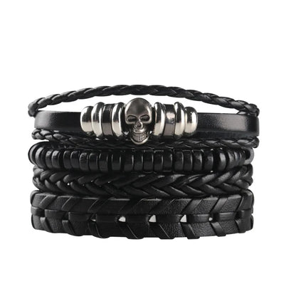 Black Punk Skull & Star Leather Bracelet Set – Gothic Alloy Wristband for Men & Women