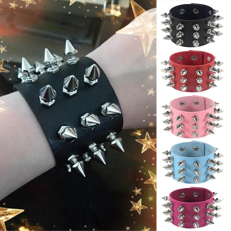 Three-Row Spiked Rivet Stud Wide Cuff Bracelet – Black PU Leather Punk Gothic Wristband