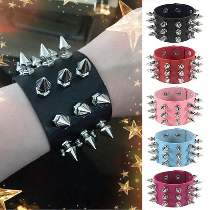 Three-Row Spiked Rivet Stud Wide Cuff Bracelet – Black PU Leather Punk Gothic Wristband