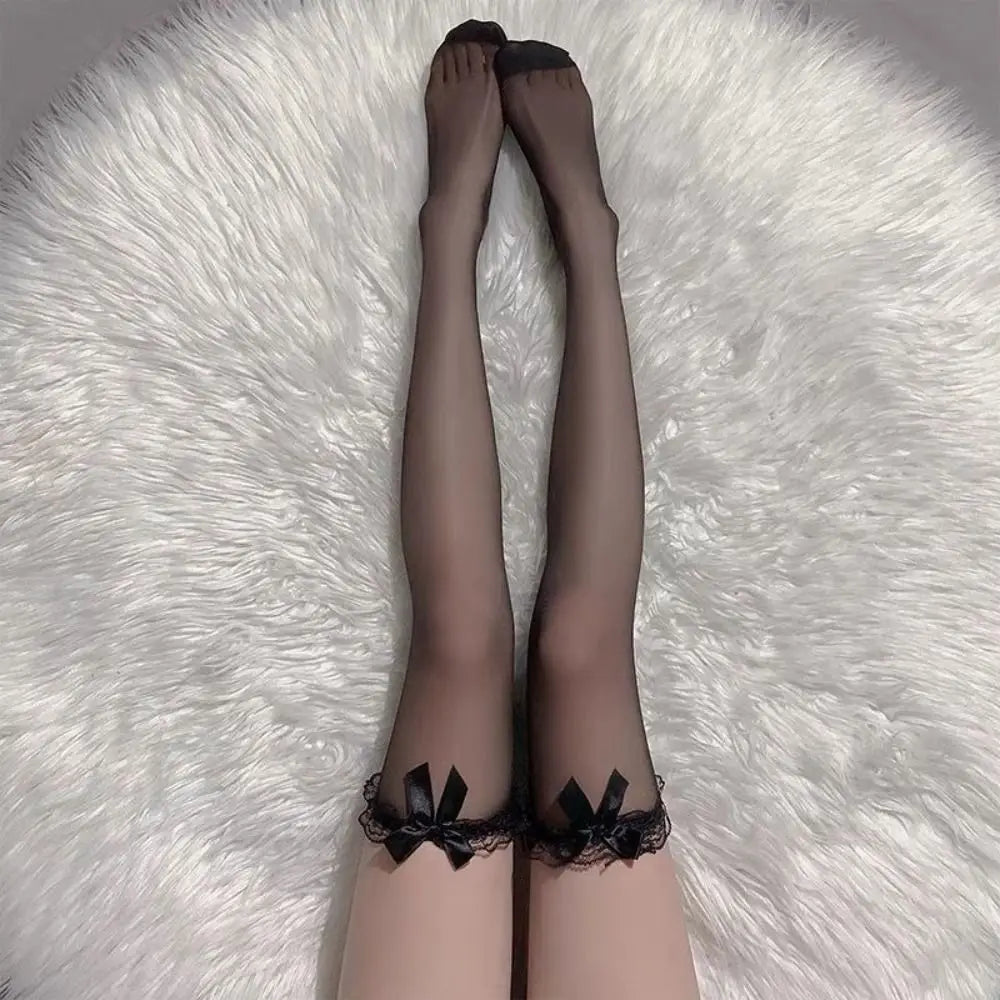 Gothic Thigh High Fishnet Stockings – Lolita Bowknot Overknee Lace Socks for Women
