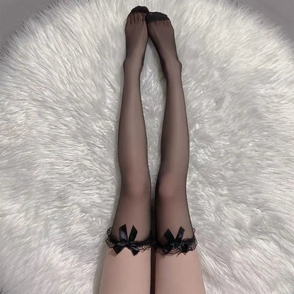 Gothic Thigh High Fishnet Stockings – Lolita Bowknot Overknee Lace Socks for Women