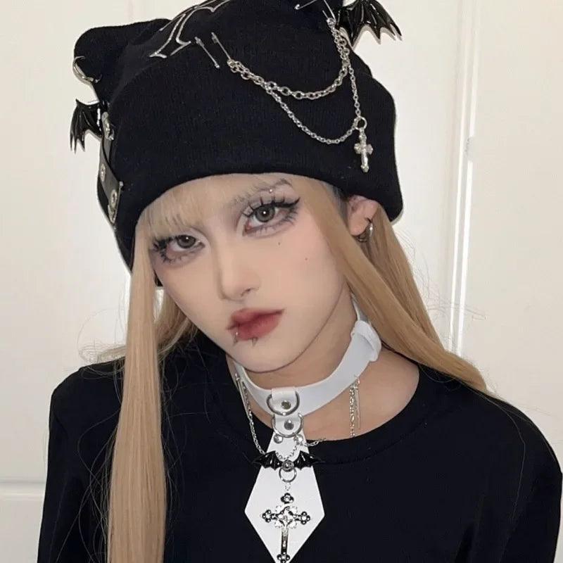 Gothic Grunge Cat Ear Bat Wing Black Beanie – Punk Cross Chain Knit Hat