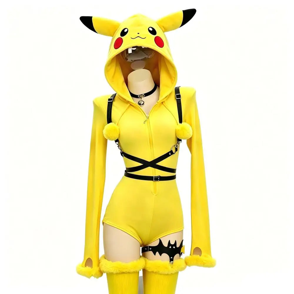 Pikachu Cosplay Hooded Bodysuit for Women – Yellow Plush Jumpsuit with Tail and Socks