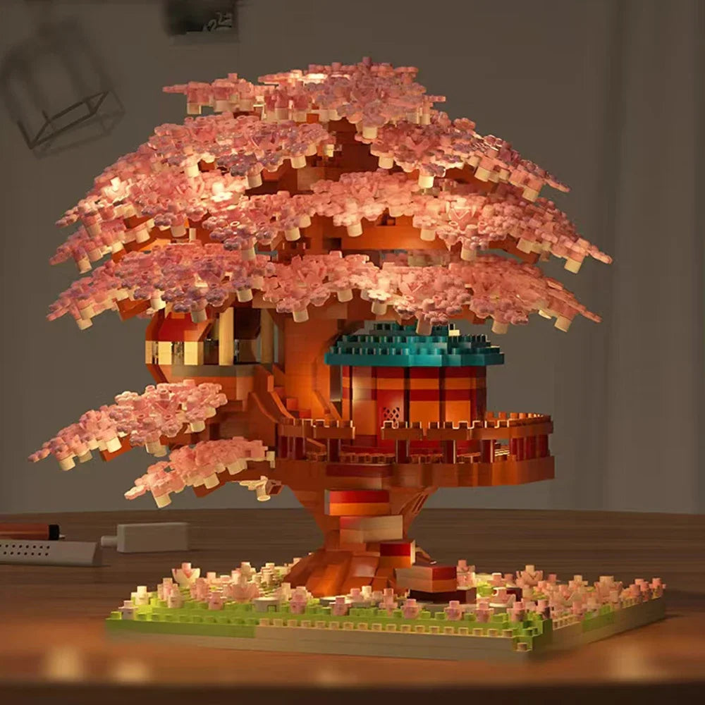 Sakura Cherry Blossom Treehouse Building Block Set with LED Light - Mini Brick Model Gift