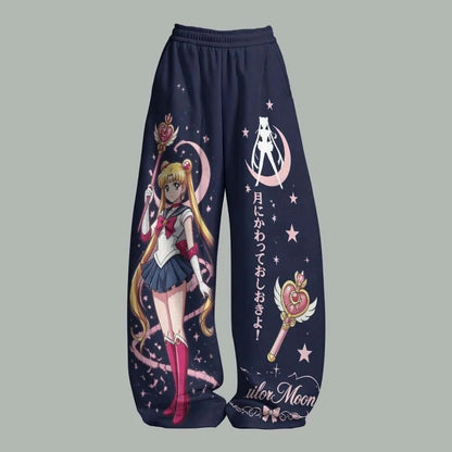 Sailor Moon Anime Print Pants – Y2K Streetwear Loose-Fit Casual Trousers for Women