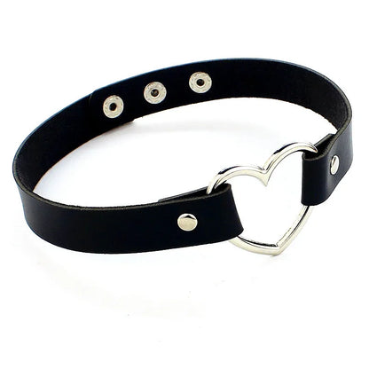 Holographic Heart Ring PU Leather Choker Necklace - Gothic Laser Collar