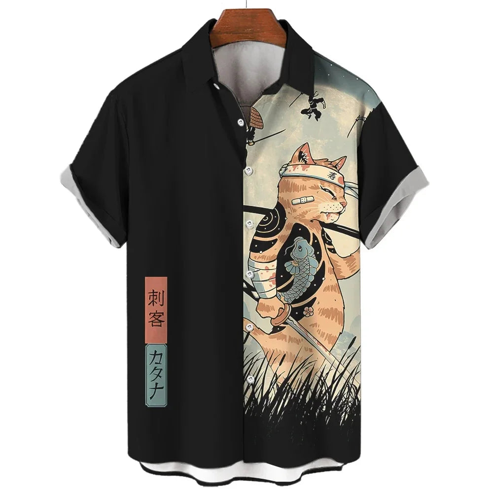 Men's Samurai Cat Print Hawaiian Shirt - Short Sleeve Loose Casual Anime Blouse