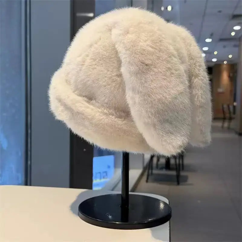 Women's Big Bunny Ear Trapper Hat - Fluffy Plush Rabbit Ear Winter Cap for Cosplay and Outdoor Wear