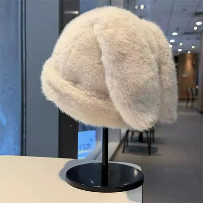 Women's Big Bunny Ear Trapper Hat - Fluffy Plush Rabbit Ear Winter Cap for Cosplay and Outdoor Wear