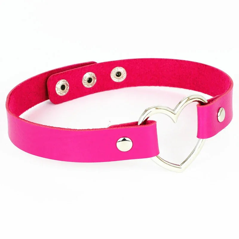 Holographic Heart Ring PU Leather Choker Necklace - Gothic Laser Collar