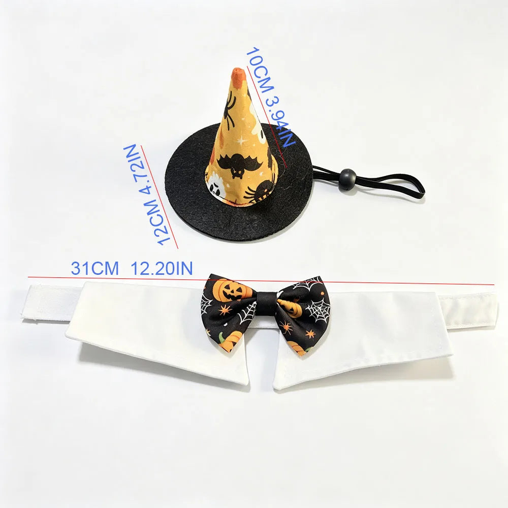 Pet Halloween Costume Set - Pumpkin Spider Wizard Hat & Bow Tie Collar for Dogs Cats