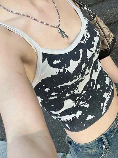 Gothic Portrait Print Crop Top Y2K Aesthetic Harajuku Streetwear Women Tee
