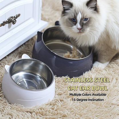 Stainless Steel Double Cat Bowl – Tilted Raised Pet Feeder, 5 Colors