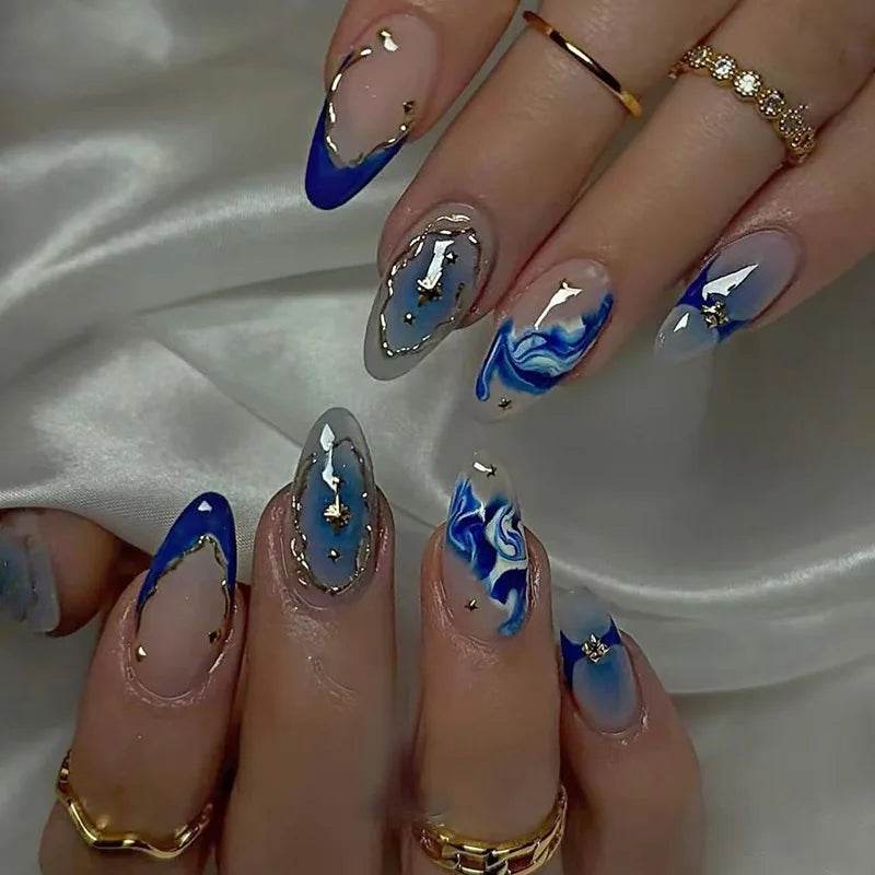 Y2K Star Press On Nails 24pcs – Blue Gradient French Gold Moon Almond False Nails