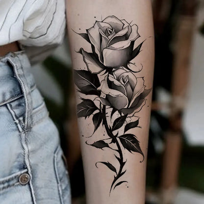 2pcs Black Rose Butterfly Waterproof Temporary Tattoo Stickers, Floral Body Art