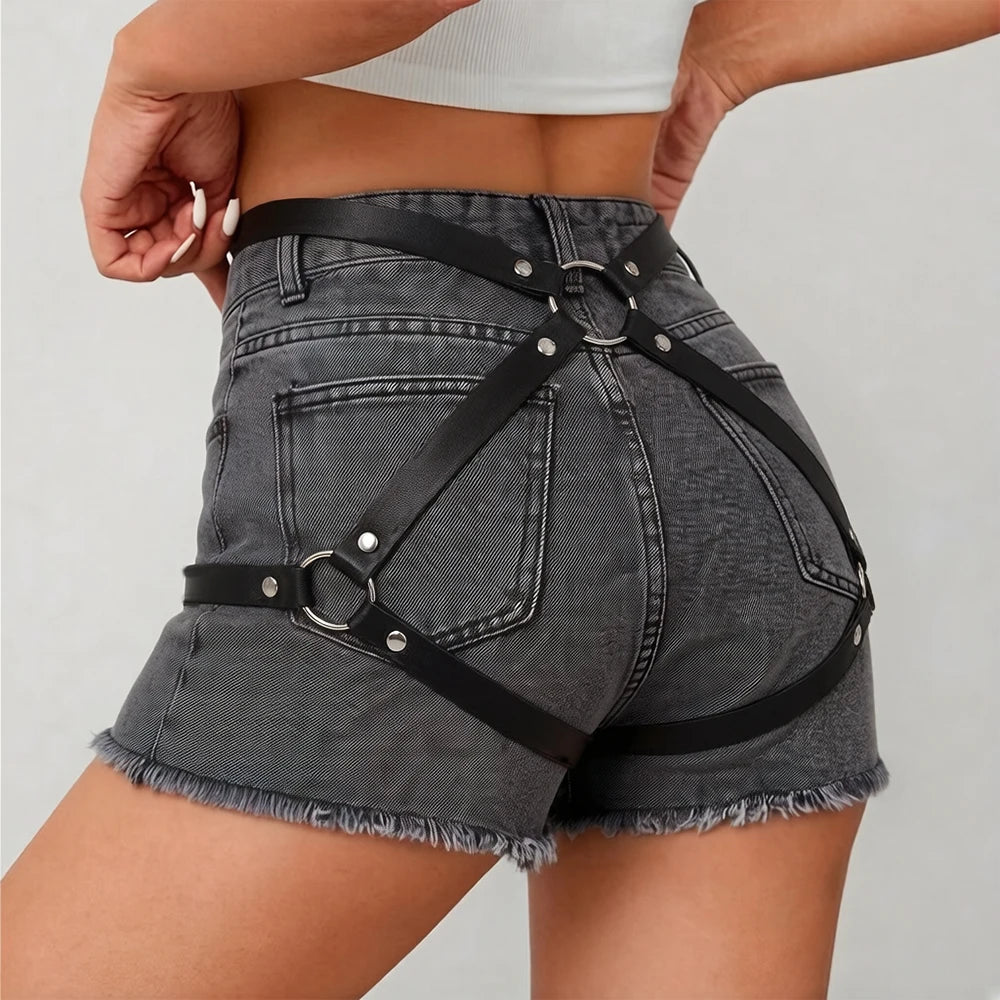 Black Punk Style Leather Strappy Leg Ring Waist Belt Harness