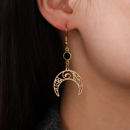 Goth Moon Phase Pentagram Earrings - Stainless Steel Witchy Dangle Jewelry
