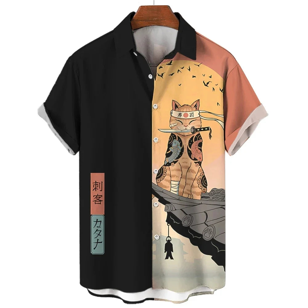 Men's Samurai Cat Print Hawaiian Shirt - Short Sleeve Loose Casual Anime Blouse