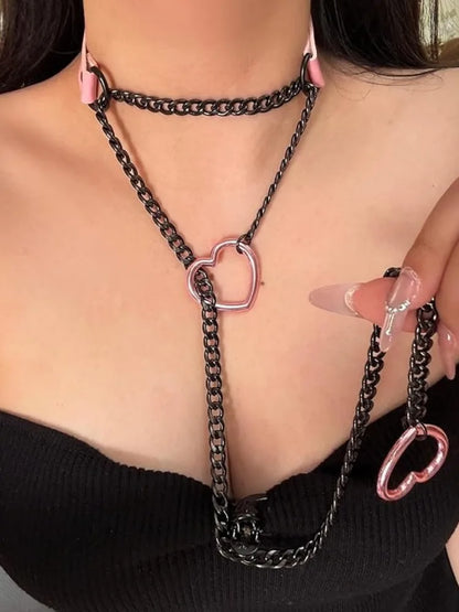 Gothic Heart Ring Layered Chain Choker Necklace