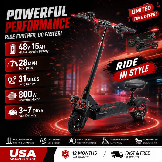 Adult Electric Scooter 800W 48V Foldable Battery Powered Scooter with 10 Inch Tire for Reliable Electric Transportation