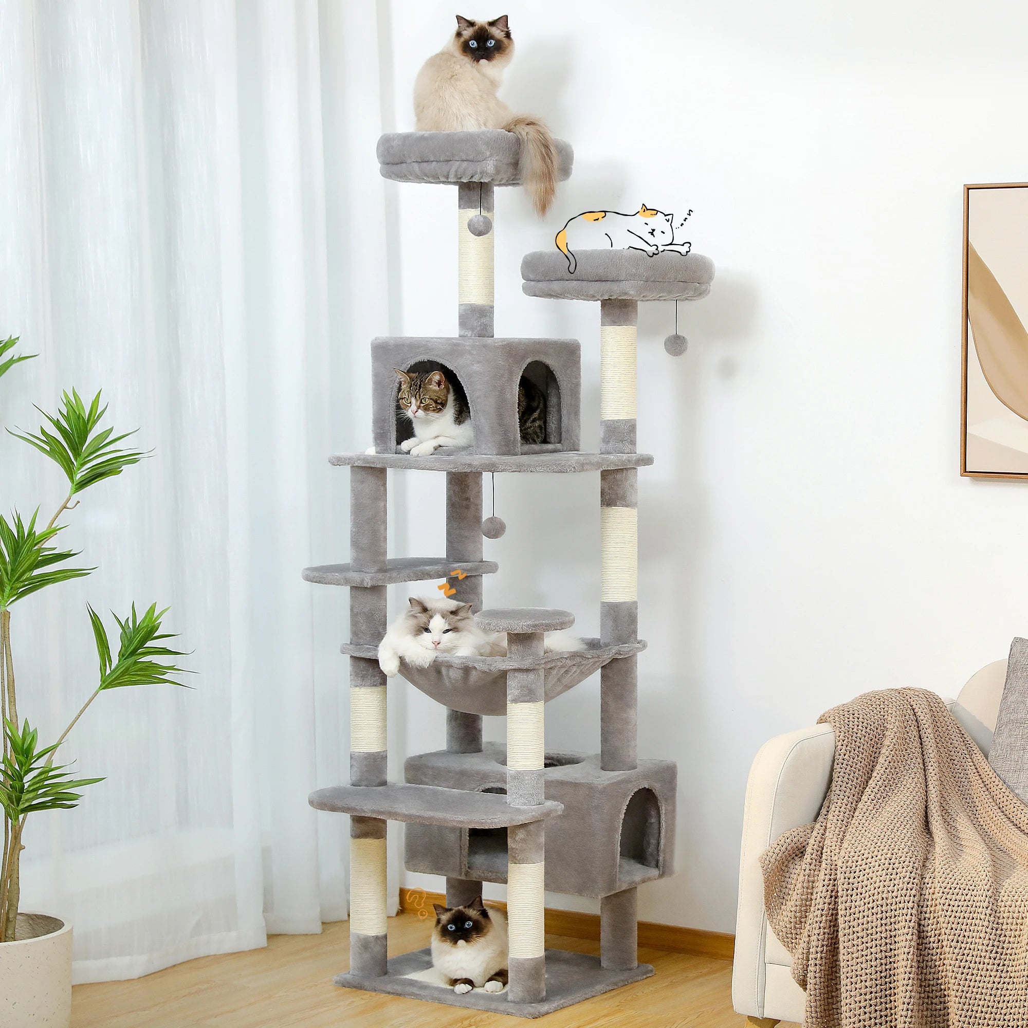 Large Cat Tree Tower with Hammock And Perches Sisal Scratching Posts Spacious Condos And Cat Toys for Indoor Cats Grey/Beige/Black