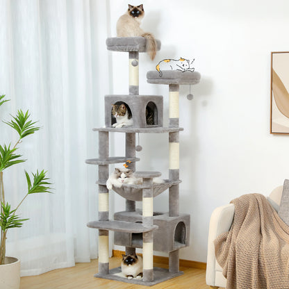 Large Cat Tree Tower with Hammock And Perches Sisal Scratching Posts Spacious Condos And Cat Toys for Indoor Cats Grey/Beige/Black
