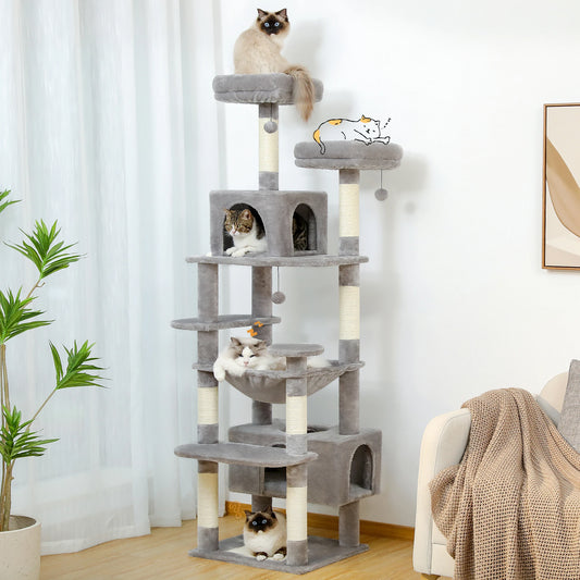 Large Cat Tree Tower with Hammock And Perches Sisal Scratching Posts Spacious Condos And Cat Toys for Indoor Cats Grey/Beige/Black