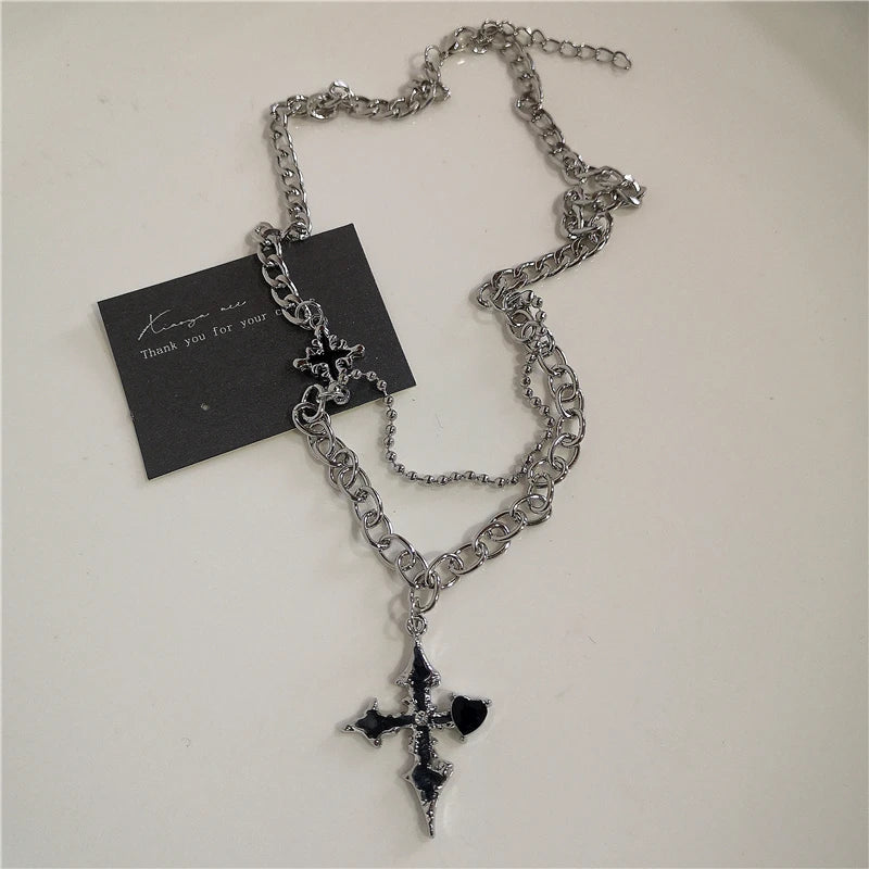 Y2K Punk Heart Cross Pendant Necklace - Grunge Goth Chain for Men Women