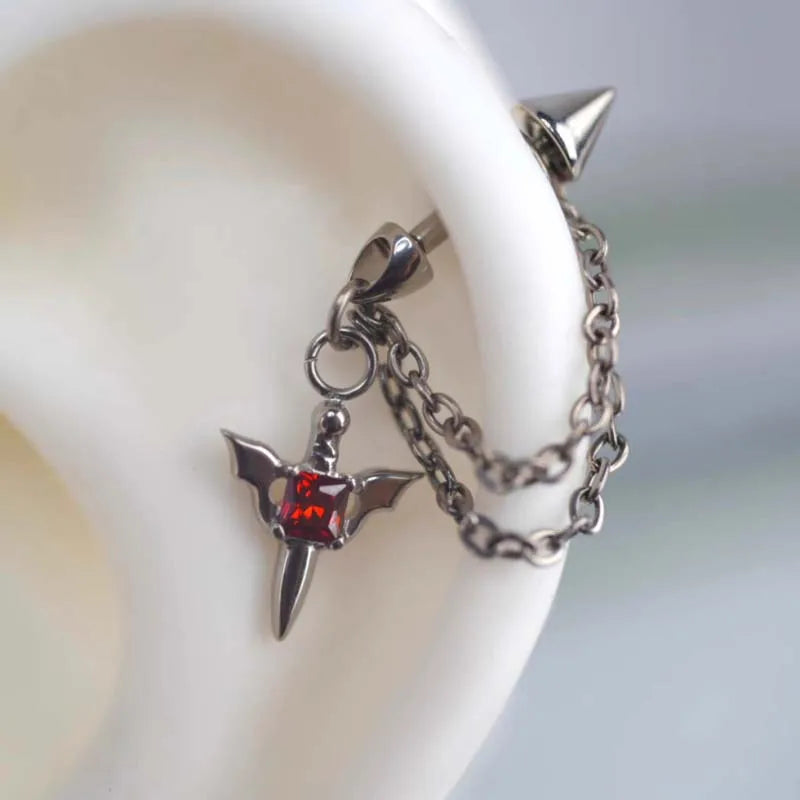 Gothic Red Zircon Wing Chain Stainless Steel Ear Cuff Piercing Earring – Punk Silver Rivet Ear Bone Stud
