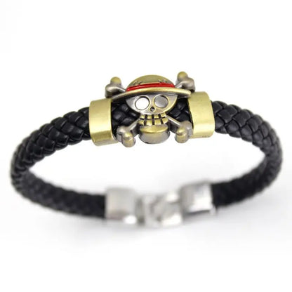 One Piece Luffy Straw Hat Skull Bracelet - Woven Leather Cord Anime Wristband for Fans