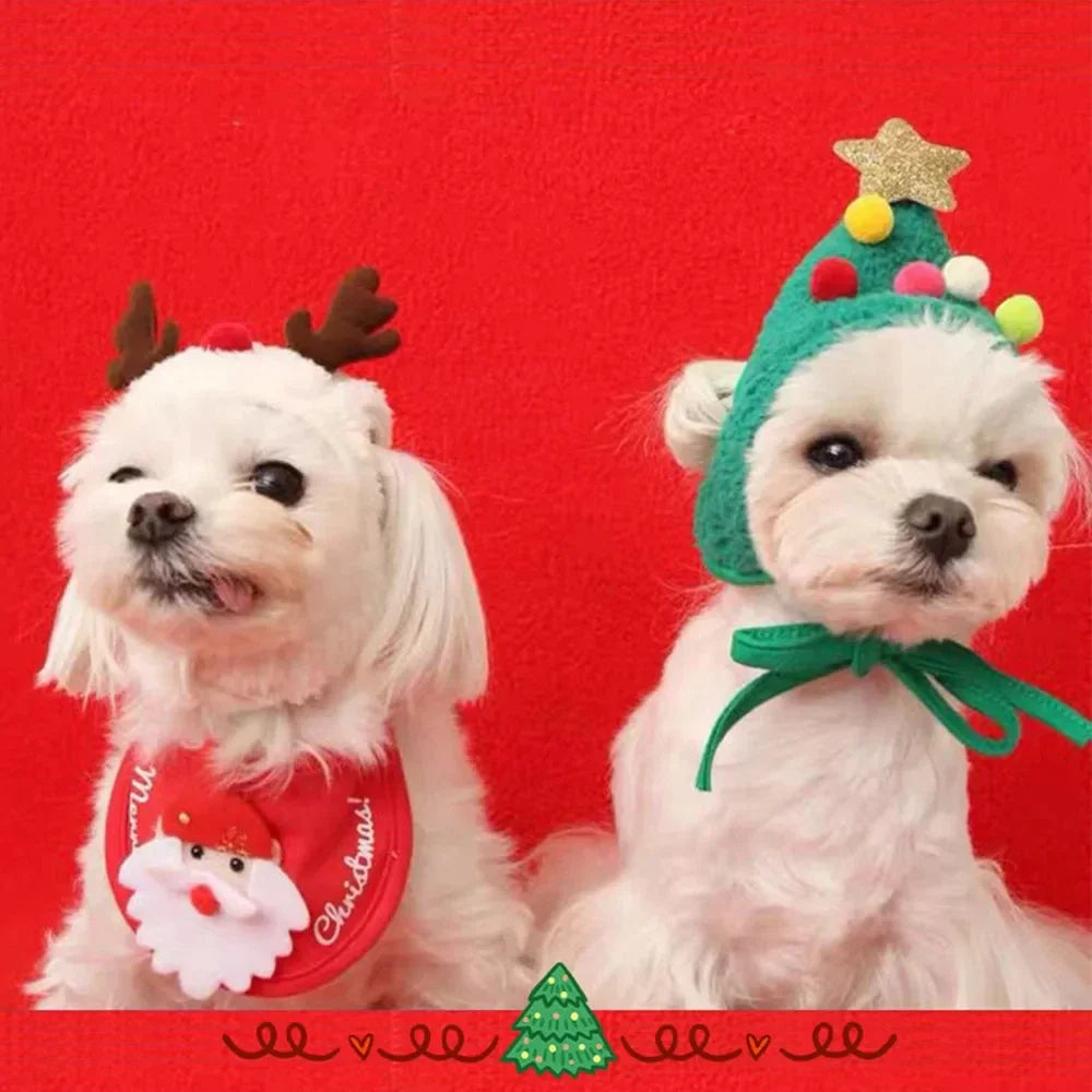 Christmas Pet Costume Santa Elk Hat Bandana Bib Scarf Set for Dogs and Cats