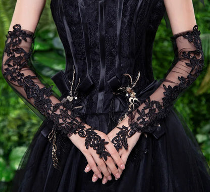 Gothic Lolita Lace Fingerless Gloves Women Y2K Sun Block Oversleeve Mittens