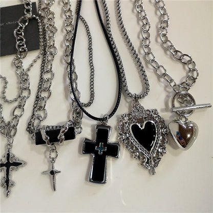 Y2K Punk Heart Cross Pendant Necklace - Grunge Goth Chain for Men Women
