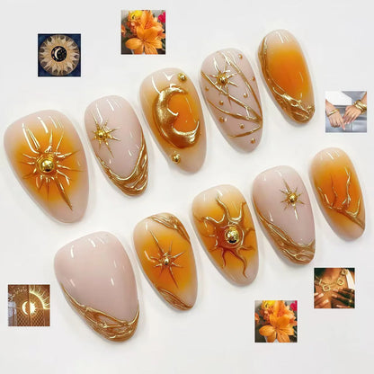 Y2K Star Press On Nails 24pcs – Blue Gradient French Gold Moon Almond False Nails