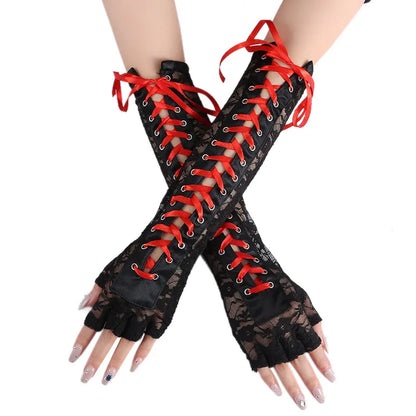 Fingerless Fishnet Lace Gloves Women Gothic Lolita Ribbon Long Elbow Mittens