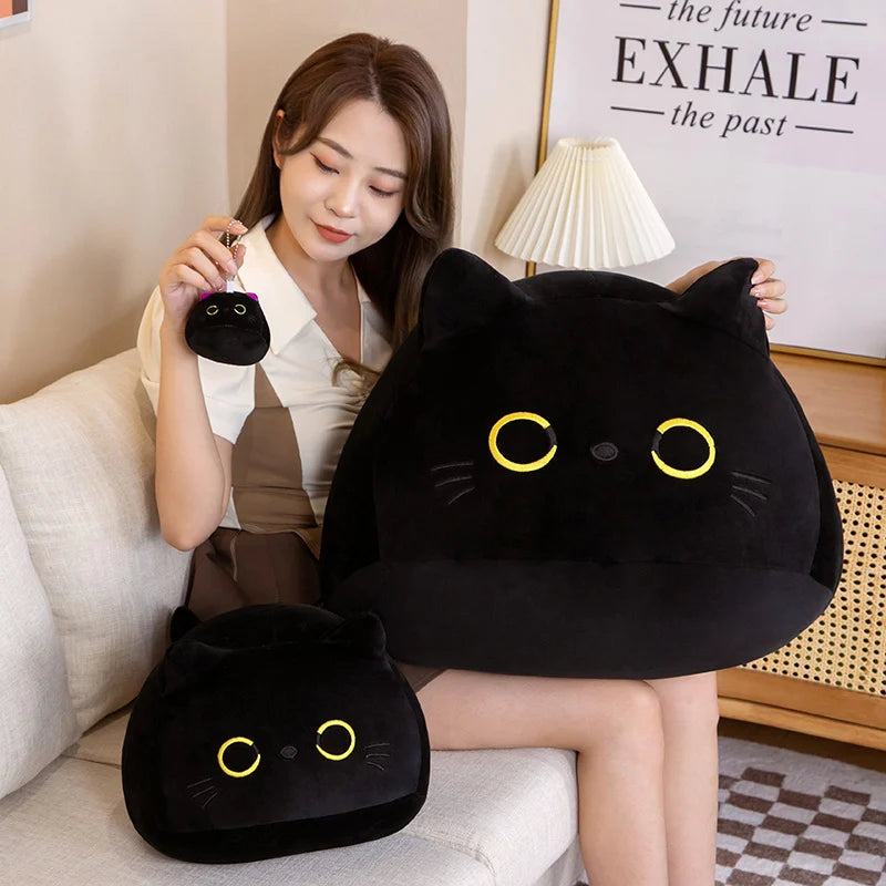Kawaii Black Cat Plush Doll Soft Stuffed Round Cat Plushie Keychain Bag Pendant