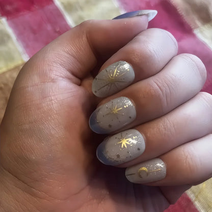 Y2K Star Press On Nails 24pcs – Blue Gradient French Gold Moon Almond False Nails