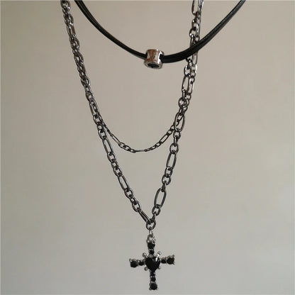 Punk Star Heart Cross Double Layer Chain Necklace – Y2K Grunge & EMO Rock Style for Men and Women