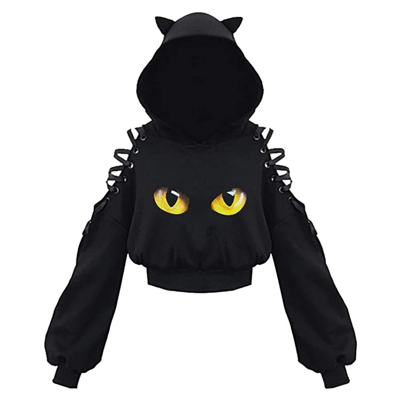 Y2K Gothic Cat Ear Crop Hoodie for Women - Hollow Out Lace-Up Long Sleeve Pullover