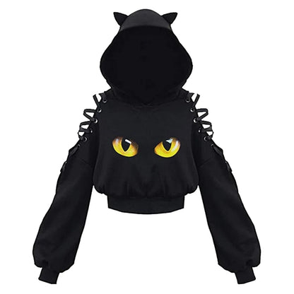 Y2K Gothic Cat Ear Crop Hoodie for Women - Hollow Out Lace-Up Long Sleeve Pullover