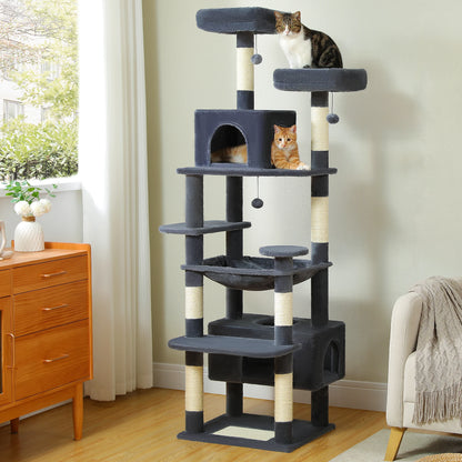Large Cat Tree Tower with Hammock And Perches Sisal Scratching Posts Spacious Condos And Cat Toys for Indoor Cats Grey/Beige/Black