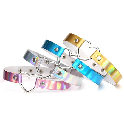 Holographic Heart Ring PU Leather Choker Necklace - Gothic Laser Collar