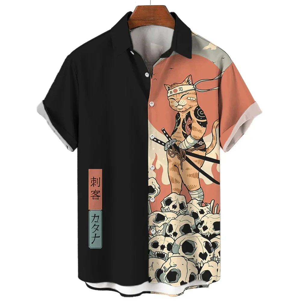 Men's Samurai Cat Print Hawaiian Shirt - Short Sleeve Loose Casual Anime Blouse