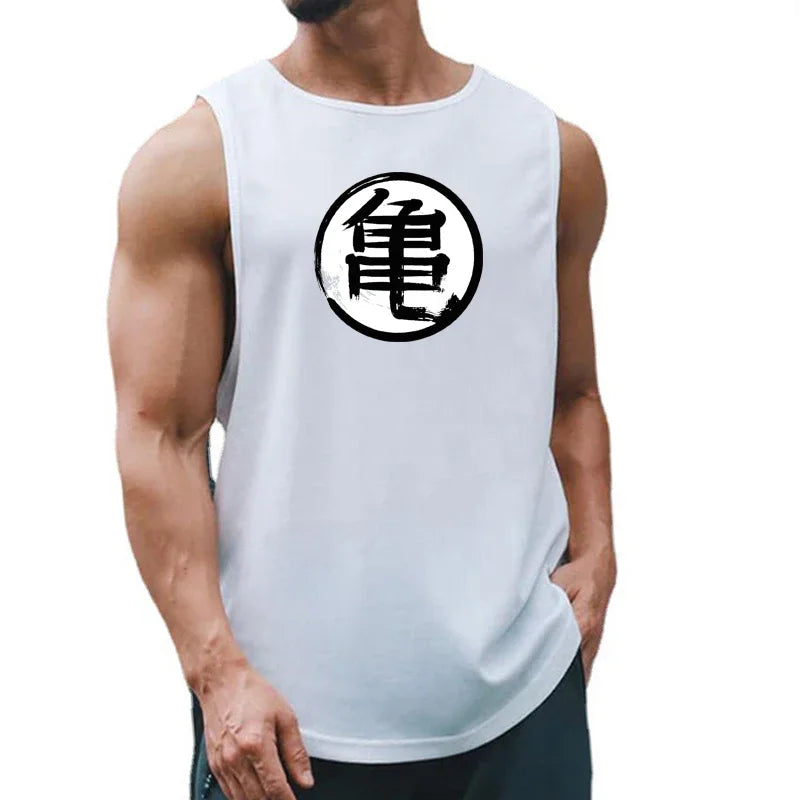 Japanese Anime Turtle Script Sleeveless Tank Top - Summer Gym and Running Vest for Men