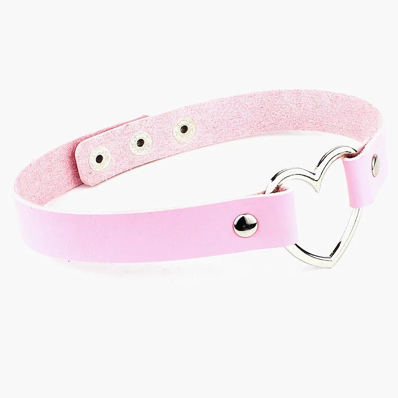 Holographic Heart Ring PU Leather Choker Necklace - Gothic Laser Collar