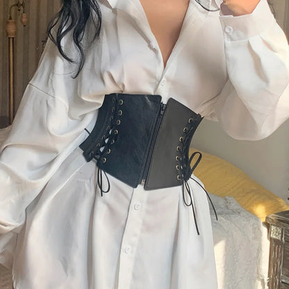 Gothic PU Leather Corset Wide Belt – Elastic High Waist Slimming Dress Girdle