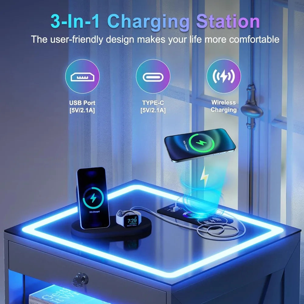 LED Nightstand with 3 Drawers, Glass Top Bedside Table with Wireless Charging Station, Modern Night Stand with Auto Senso
