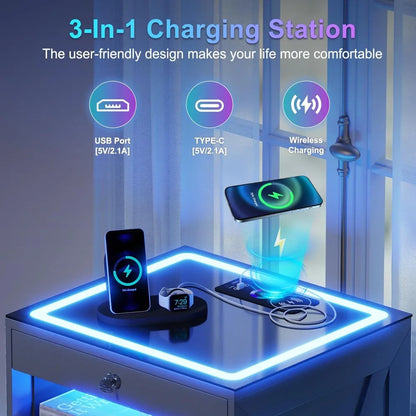 LED Nightstand with 3 Drawers, Glass Top Bedside Table with Wireless Charging Station, Modern Night Stand with Auto Senso