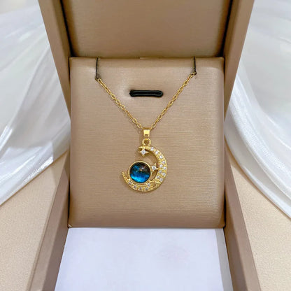 Crescent Moon Pendant Necklace Stainless Steel Zircon Vintage Jewelry