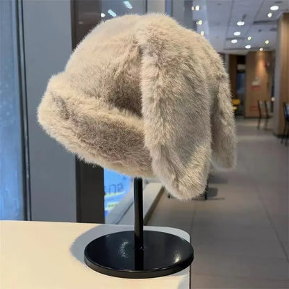Women's Big Bunny Ear Trapper Hat - Fluffy Plush Rabbit Ear Winter Cap for Cosplay and Outdoor Wear